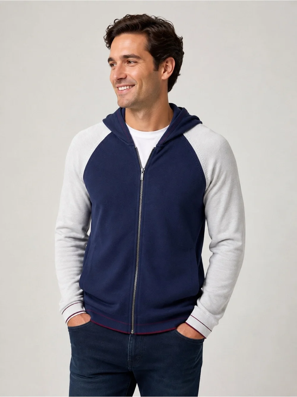 Banana Republic Silk Colorblocked Full Zip Knit Sweater Men M Navy Blue